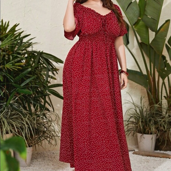 Plus Size Polk Dots Shirred Waist Tie Front Maxi Dress - Picture 6 of 6